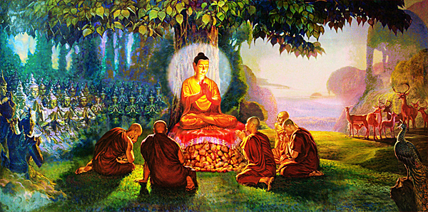 Lord Buddha teaching the Four Noble Truths to his first disciples